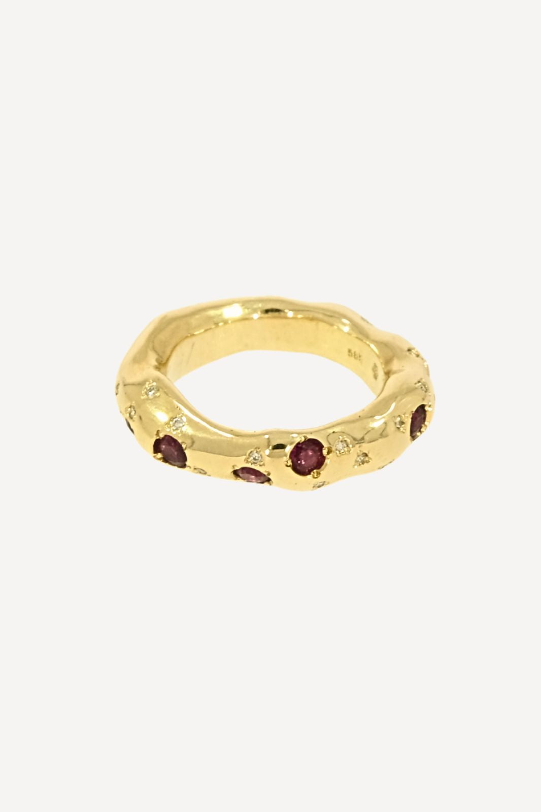 Fancy Curvy Ring with Rubies and Diamonds in 14k Yellow Gold