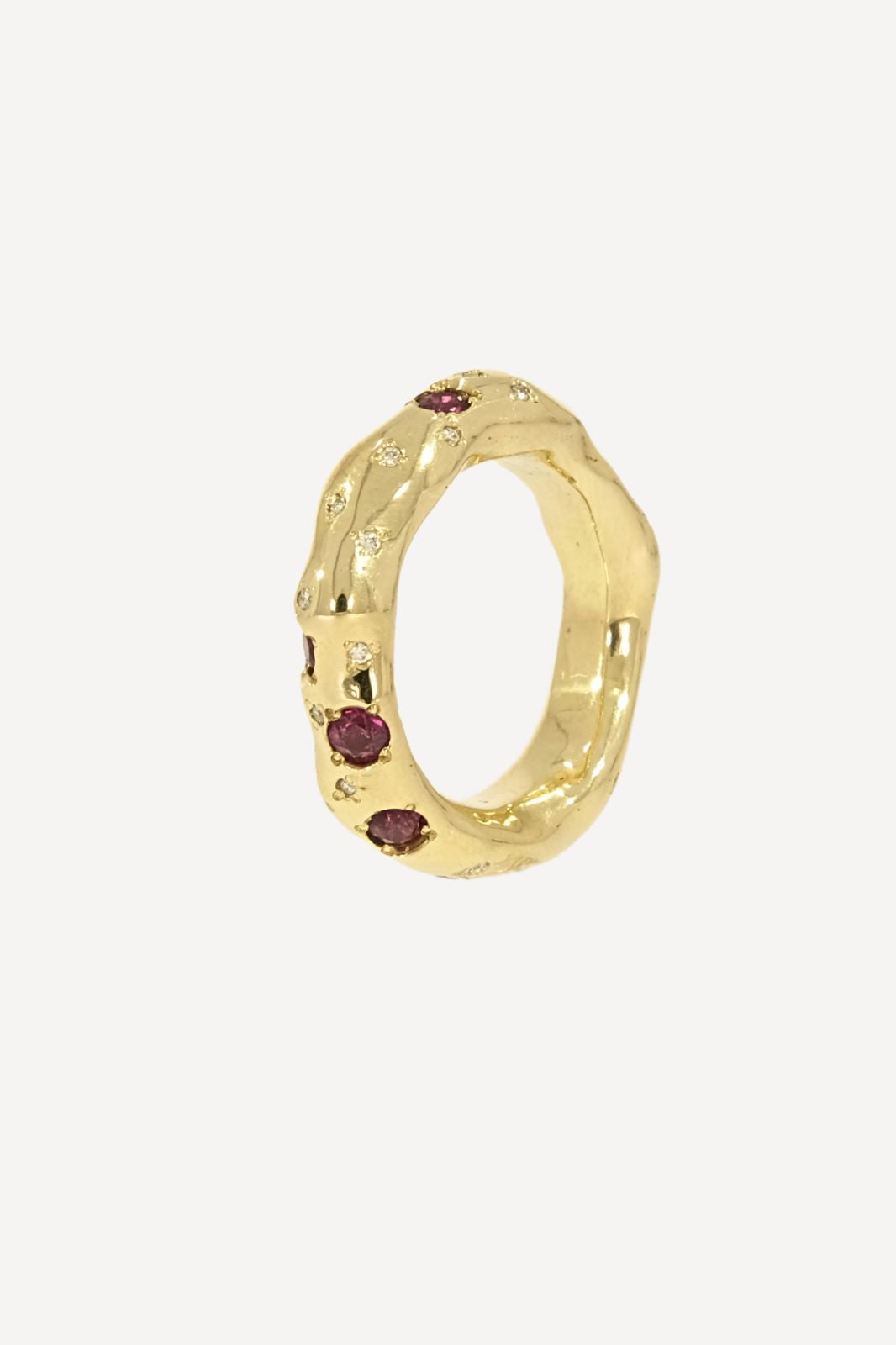 Fancy Curvy Ring with Rubies and Diamonds in 14k Yellow Gold