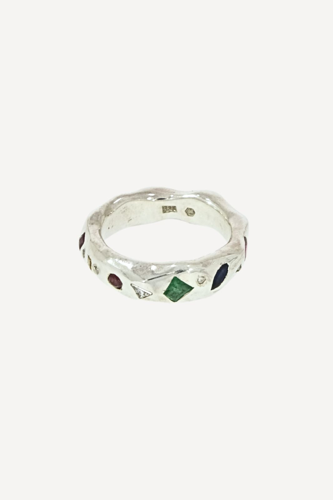 Fancy Curvy Ring in Silver with Diamonds, Rubies, Sapphires and Emeralds