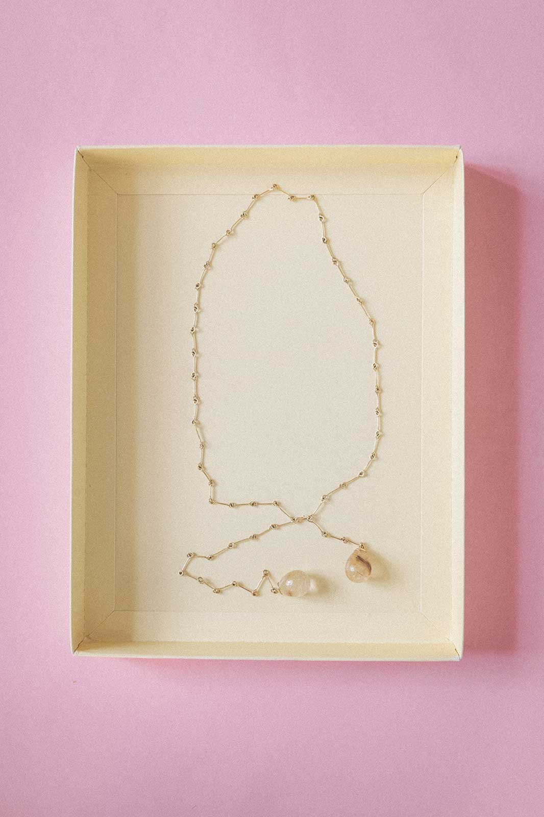 Adjustable Y-Necklace with Rutilated Quartz in 14k Yellow Gold