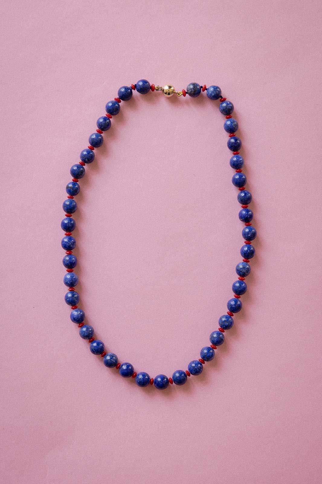 Beaded Lapis Lazuli and Coral Necklace