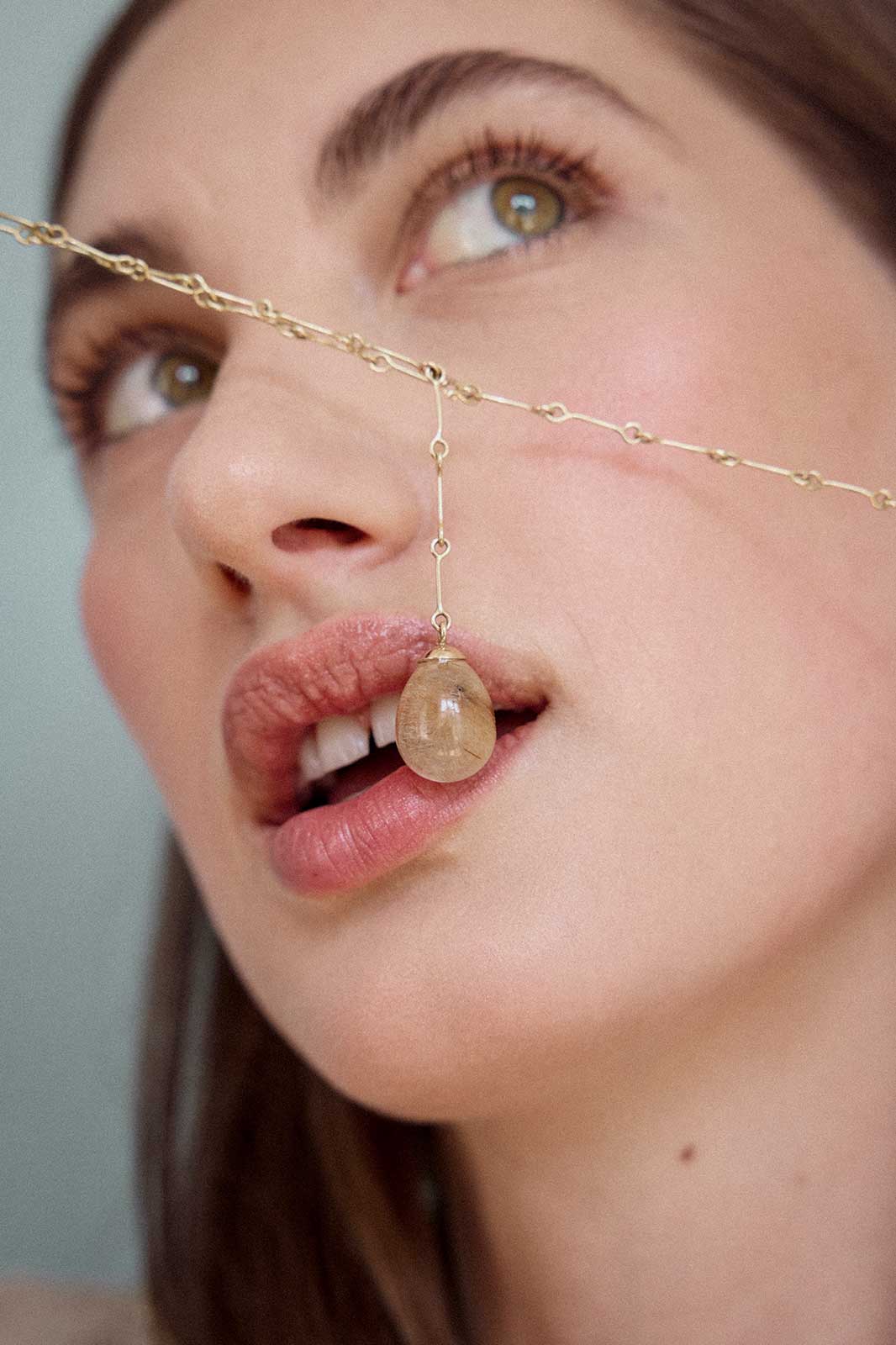 Adjustable Y-Necklace with Rutilated Quartz in 14k Yellow Gold