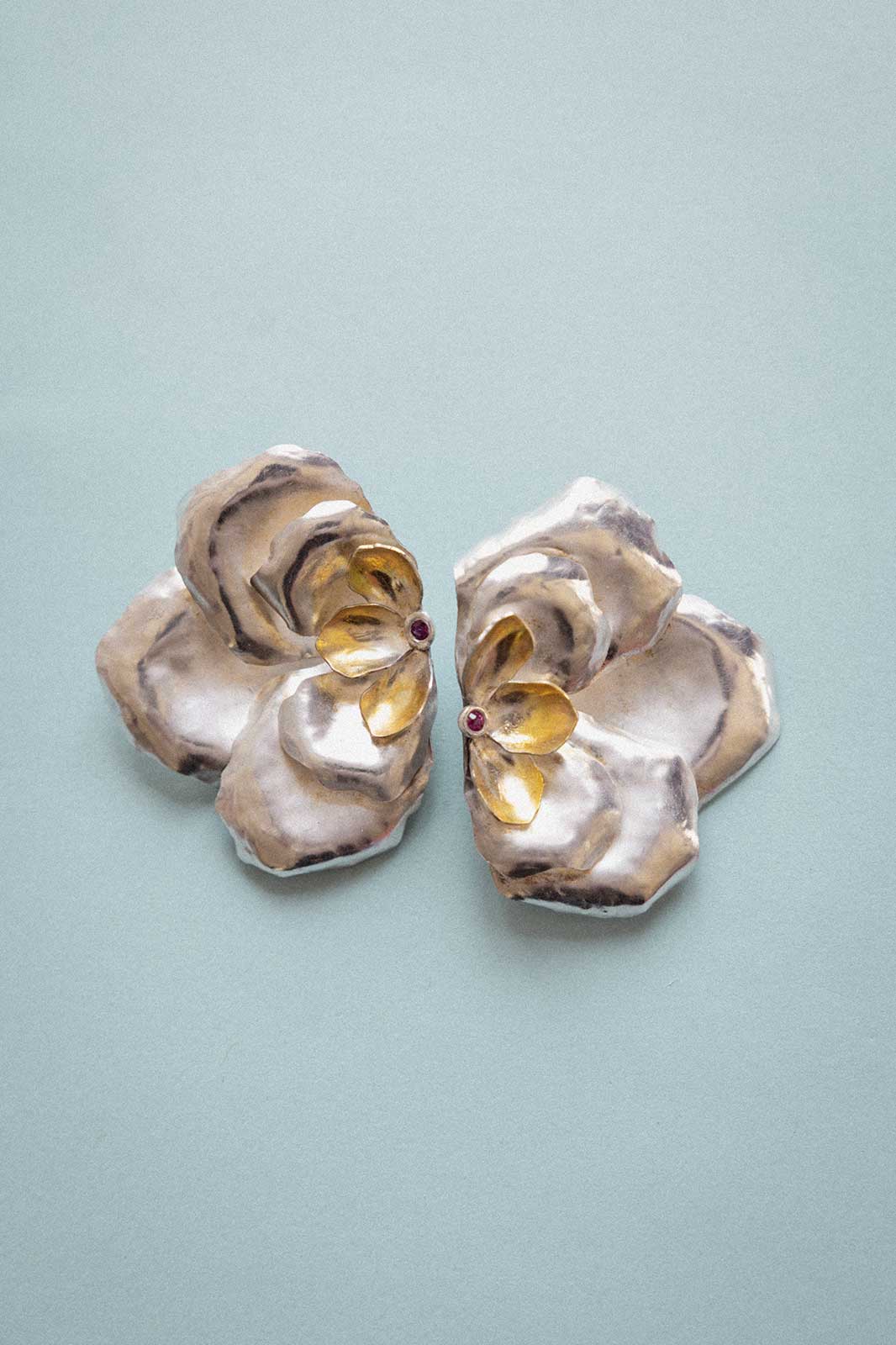 Rose Earrings with Ruby in Gold-Plated Silver