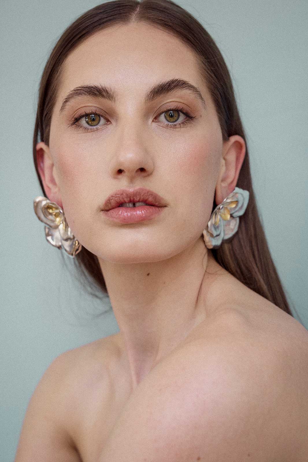 Rose Earrings with Ruby in Gold-Plated Silver