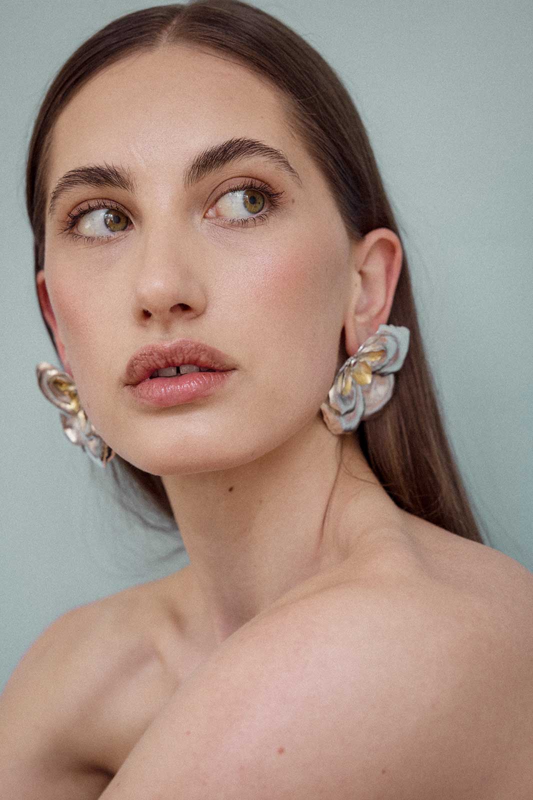 Rose Earrings with Ruby in Gold-Plated Silver