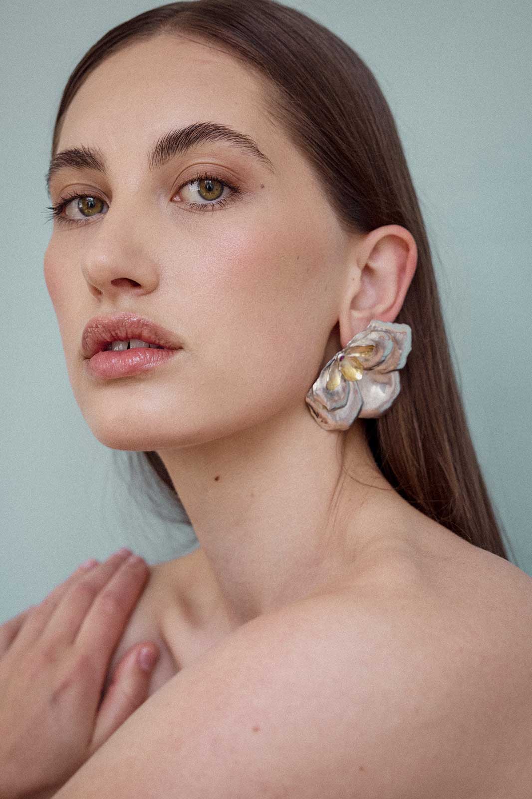 Rose Earrings with Ruby in Gold-Plated Silver