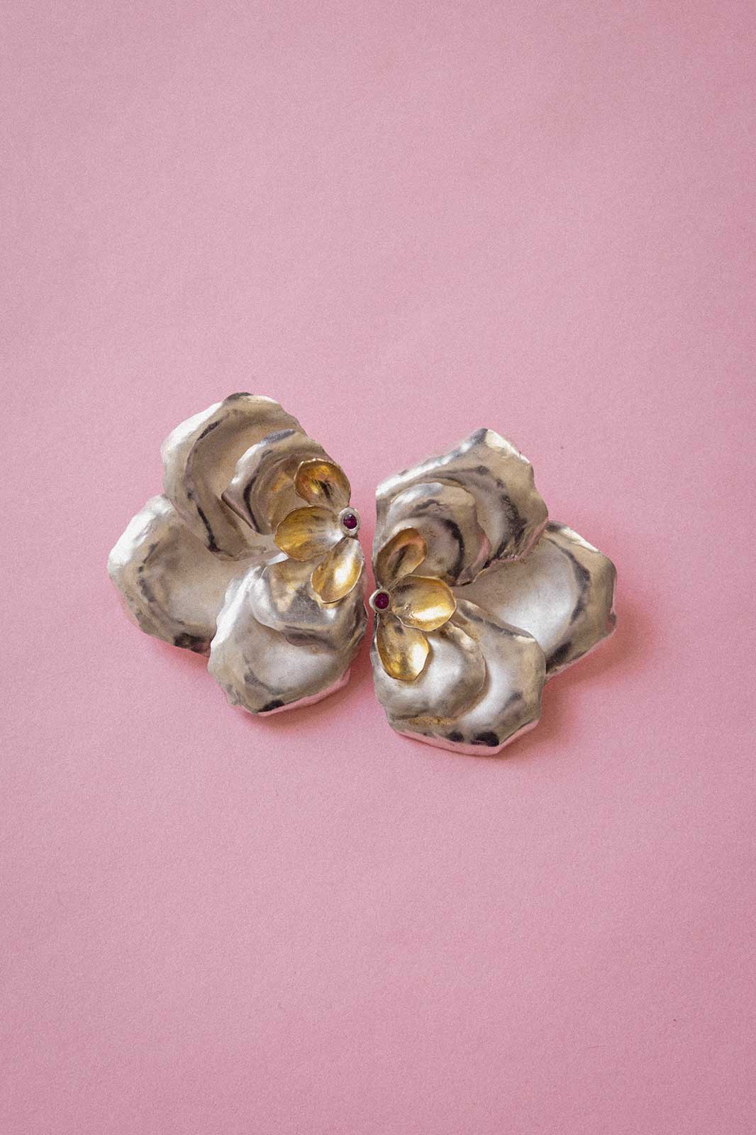 Rose Earrings with Ruby in Gold-Plated Silver
