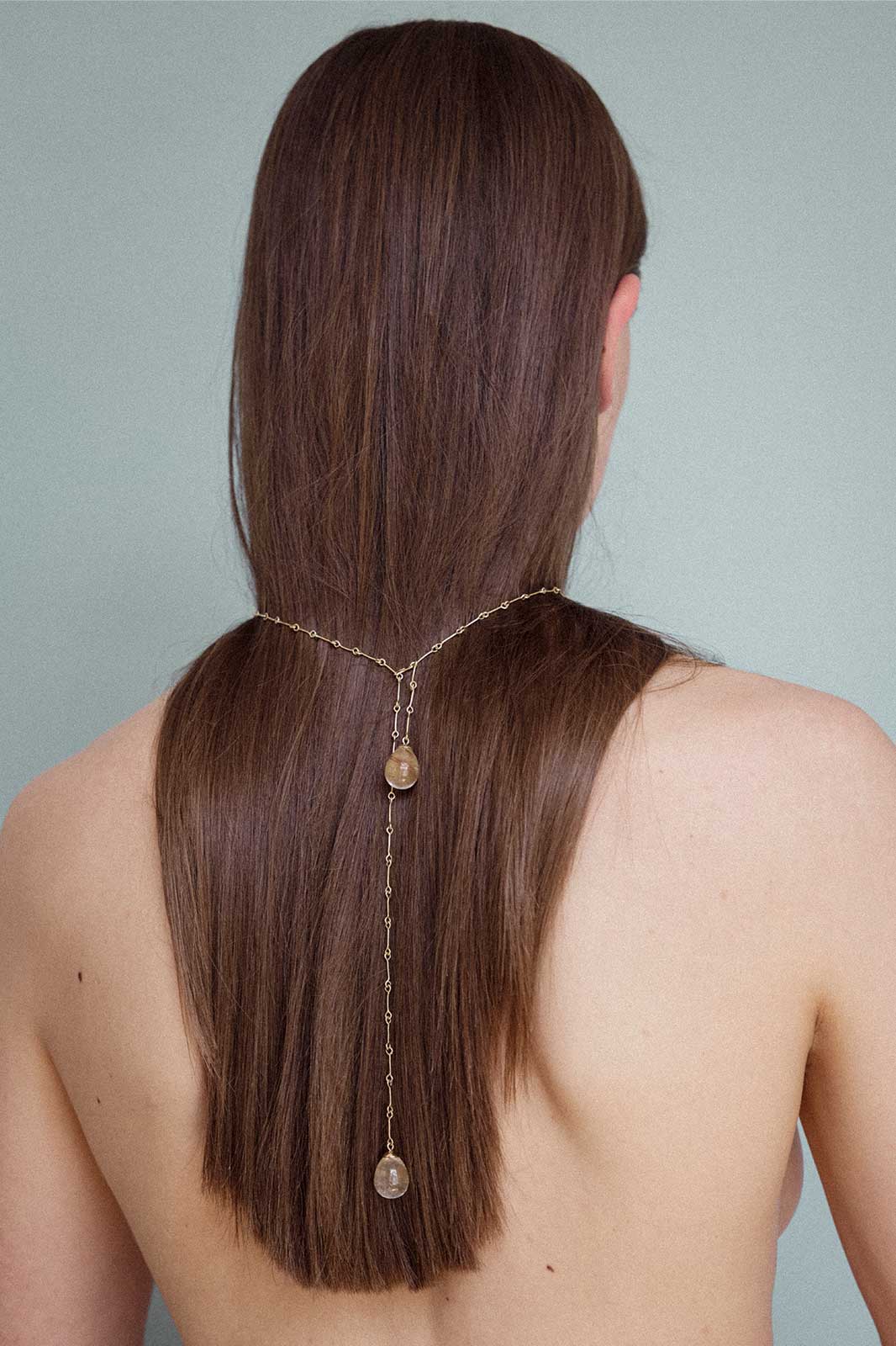 Adjustable Y-Necklace with Rutilated Quartz in 14k Yellow Gold